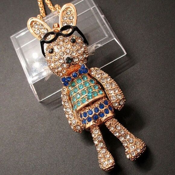 Blue Cute Sunglasses Rabbit Crystal Sweater Chain Necklace NWOT - Picture 2 of 2